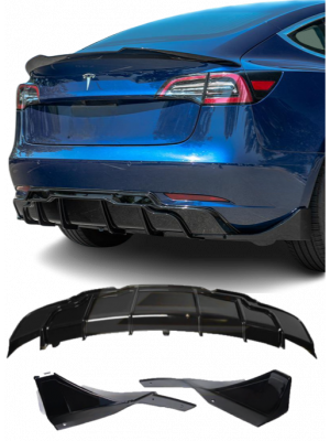 Diffuser | Tesla | Model 3 19-20 4d sed. | Aero-look | Shark Fin splitter | glanzend zwart